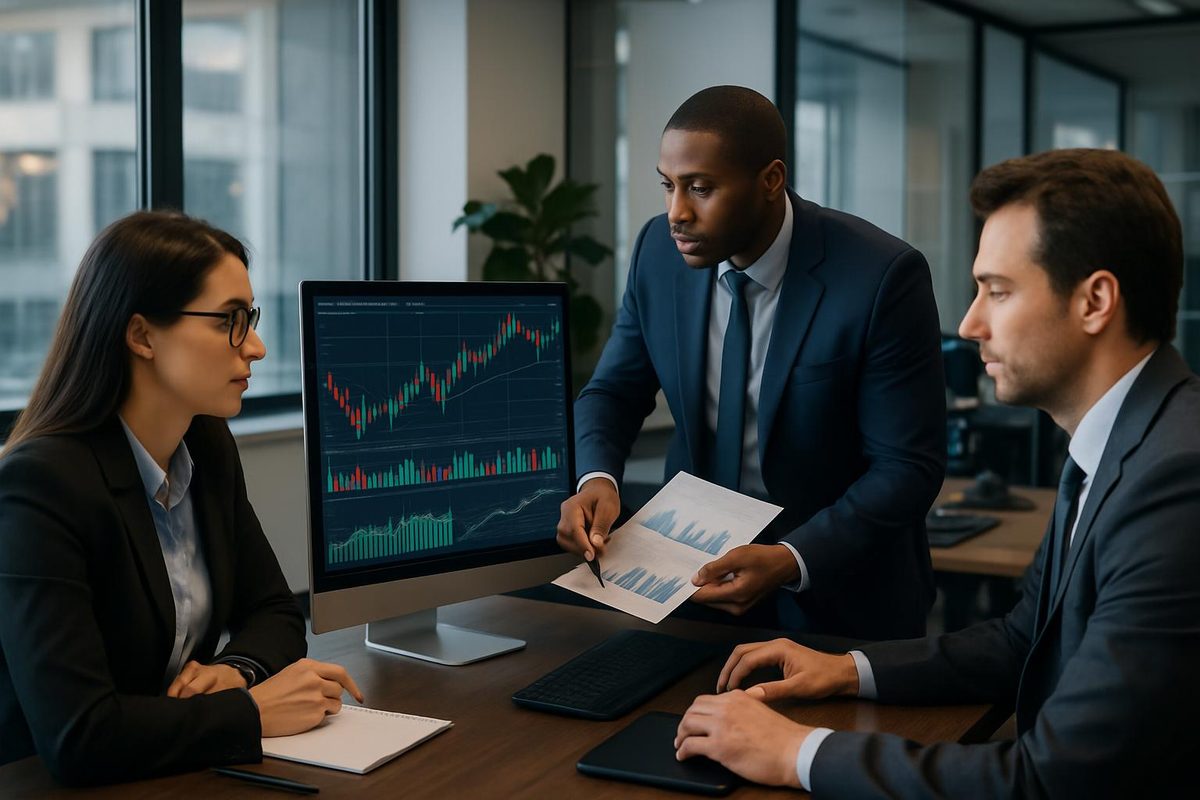 Shamim Enterprises investment advisors reviewing candlestick charts and market data on screen