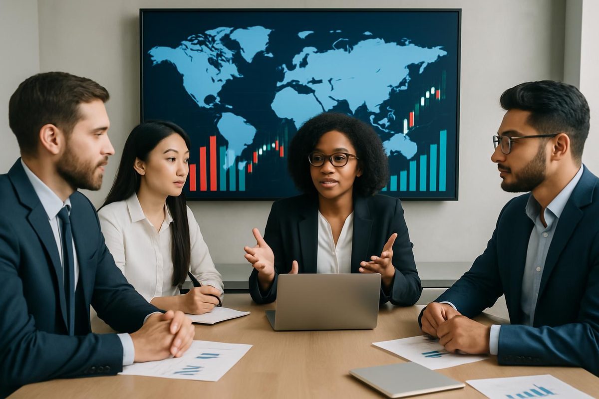 Advisory team discussing global market performance in front of a world map and stock charts