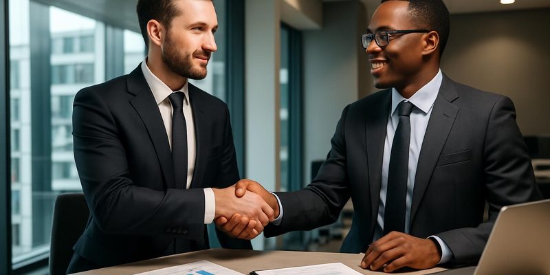 Financial planning consultation ending in a handshake between advisor and client